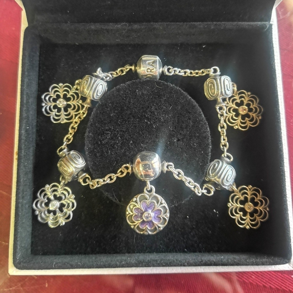 AUTHENTIC PANDORA BRAND BRACELET 7.5 / 5 DOGWOOD DANGLES RETIRED